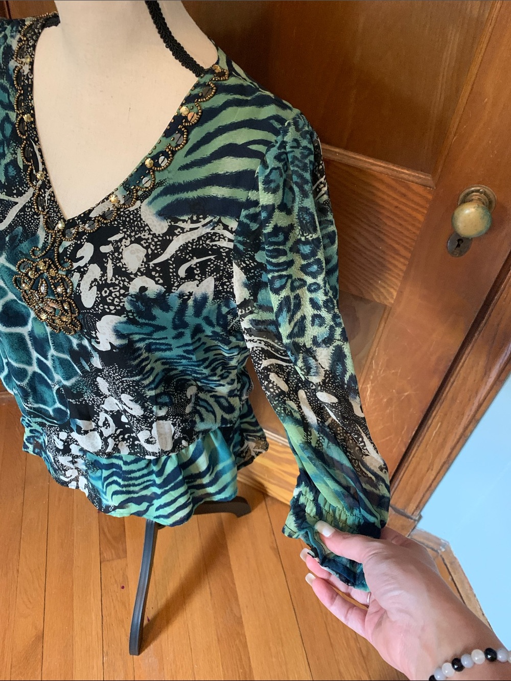 Jennie & Marlis Embellished Teal Animal-Print V-Neck Blouse - Picture 5 of 8